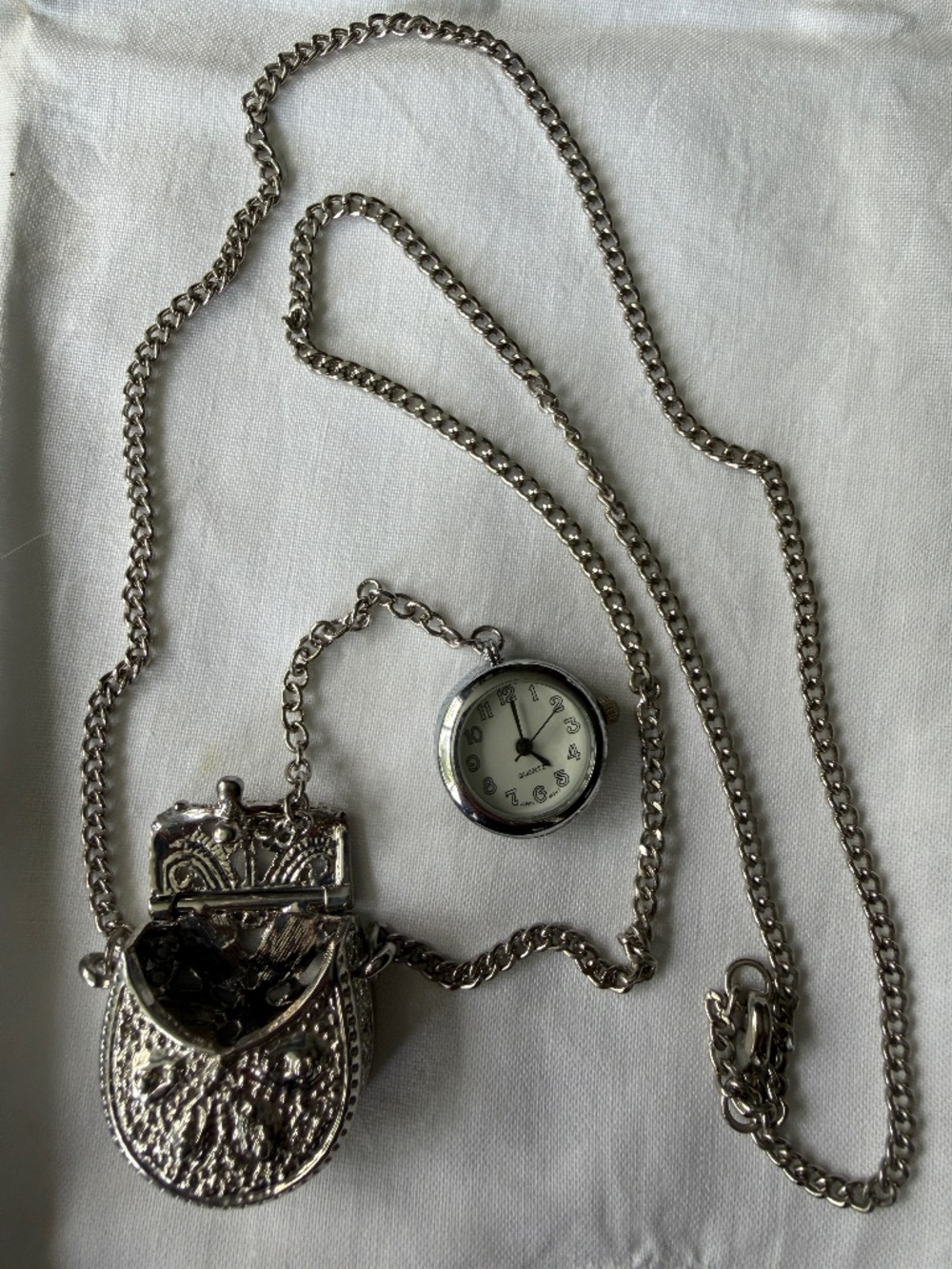 Pocket Locket Watch Purse Pendant Necklace Silver Tone Filigree - Vintage